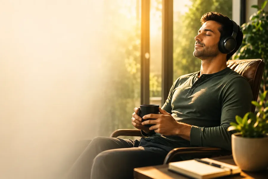Man relaxing with headphones in morning sunlight