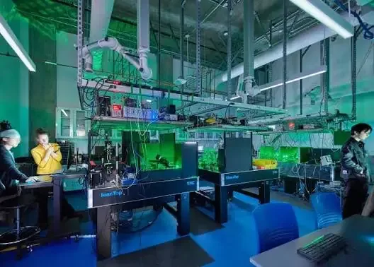 High-tech research laboratory with green lighting