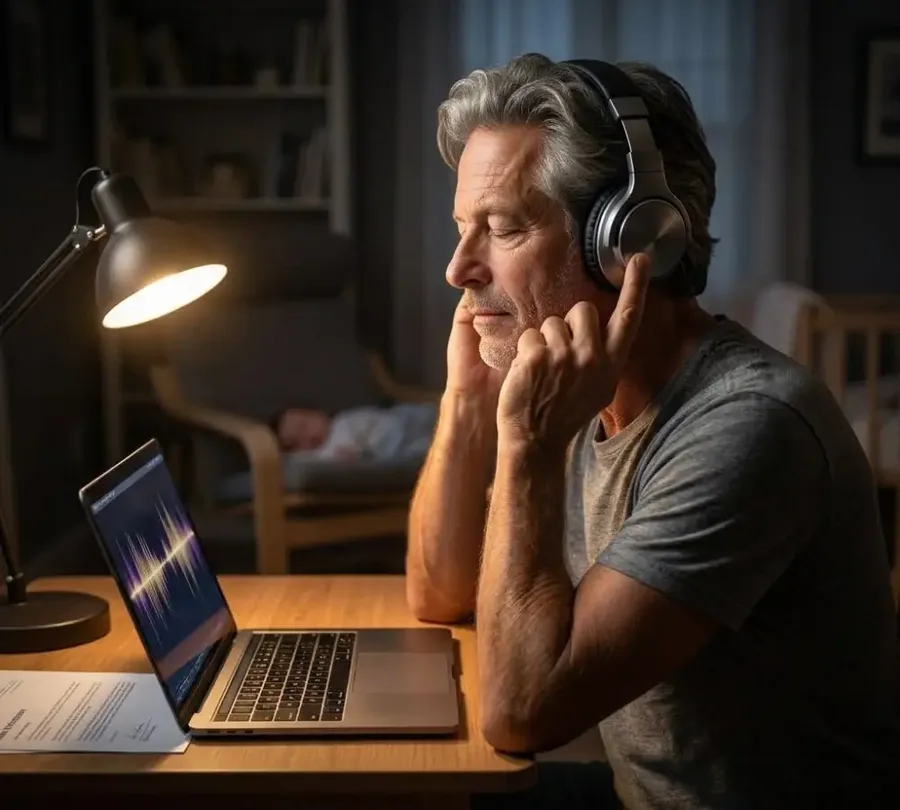 Man listening to recordings on his laptop late at night