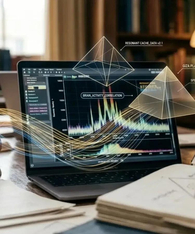 Laptop showing sound waveforms beside a glass pyramid