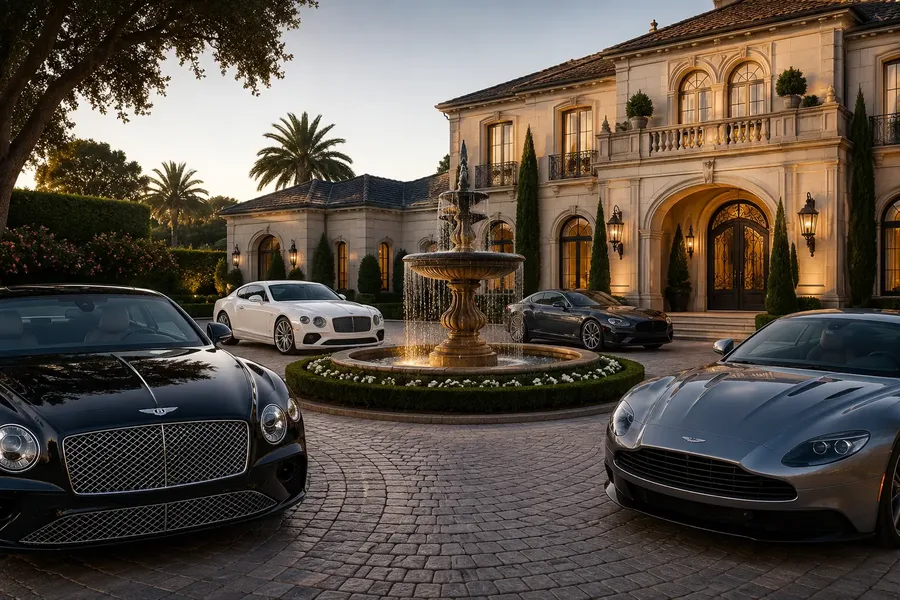 Private estate with luxury cars in the driveway, where the researchers met