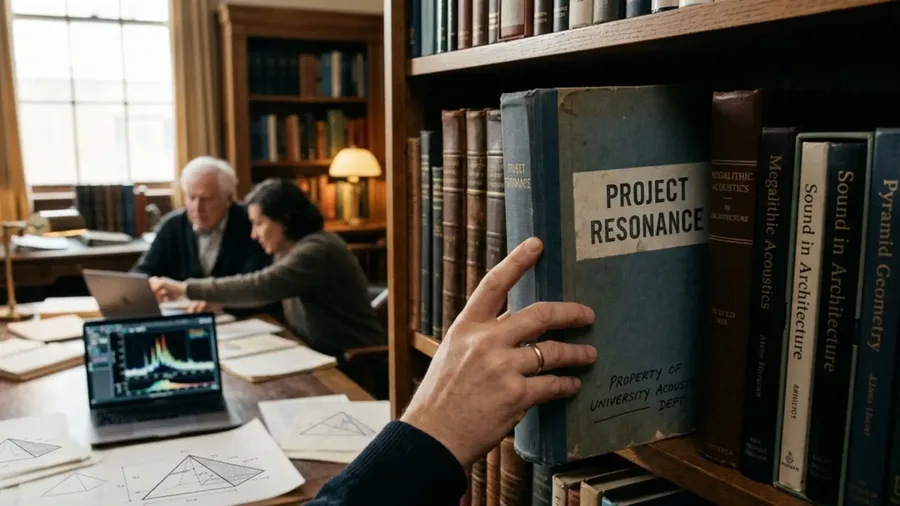 Researcher pulling a binder labelled Project Resonance from a shelf